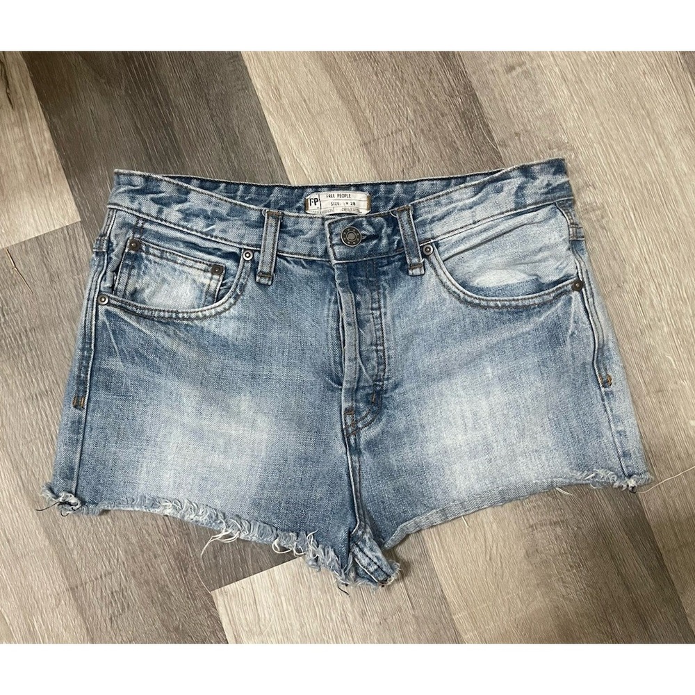 Free People Size 28 High Rise‎ Cut Off Denim Cotton Shorts Blue Button Up